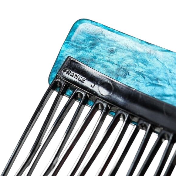 Vintage 30s–50s French Hair Comb Teal Marbled Acetate Applied Filigree - Picture 7 of 7
